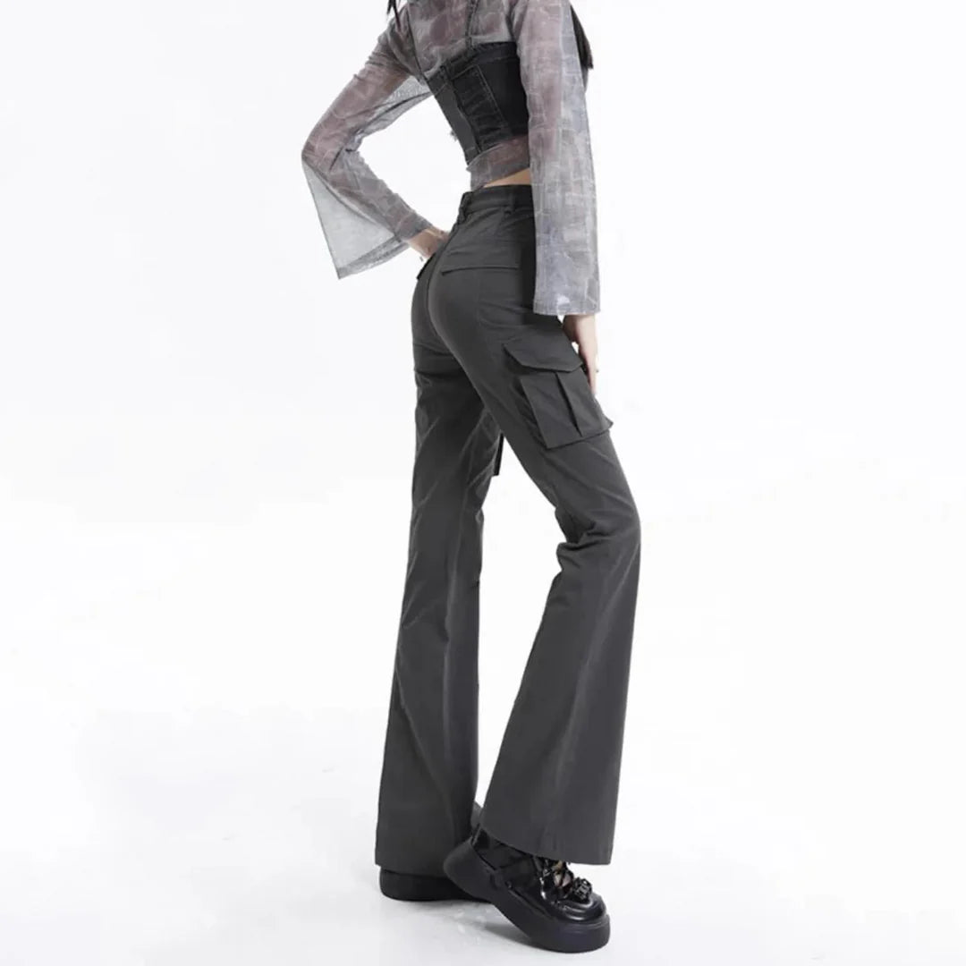 Stylish high-waist slim cargo jeans for modern American women, featuring a sleek silhouette and practical design