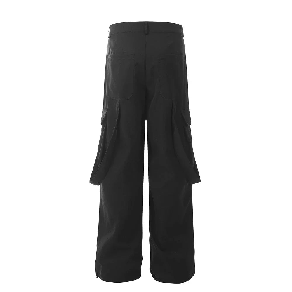 Premium pleated overalls for men with ribbon pockets, available in black and apricot colors, sizes S-XL