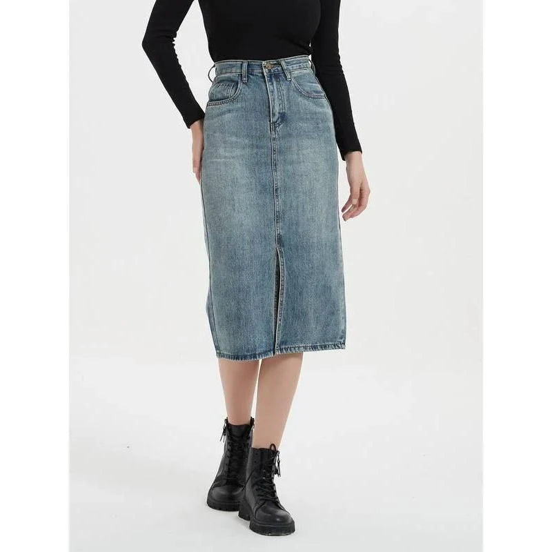Chic and Comfortable High-Rise Denim Pencil Skirt with Flattering High-Waist Design and Versatile A-Line Silhouette
