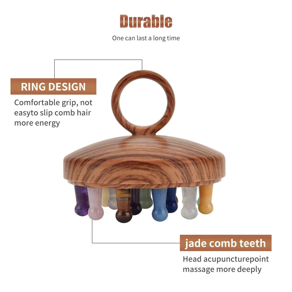 Relaxing Scalp Massage Comb made with Pink Quartz and Green Aventurine stones in a wood grain design