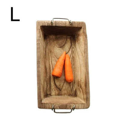 Rectangular wooden serving trays with copper accents in three sizes - small, medium, and large