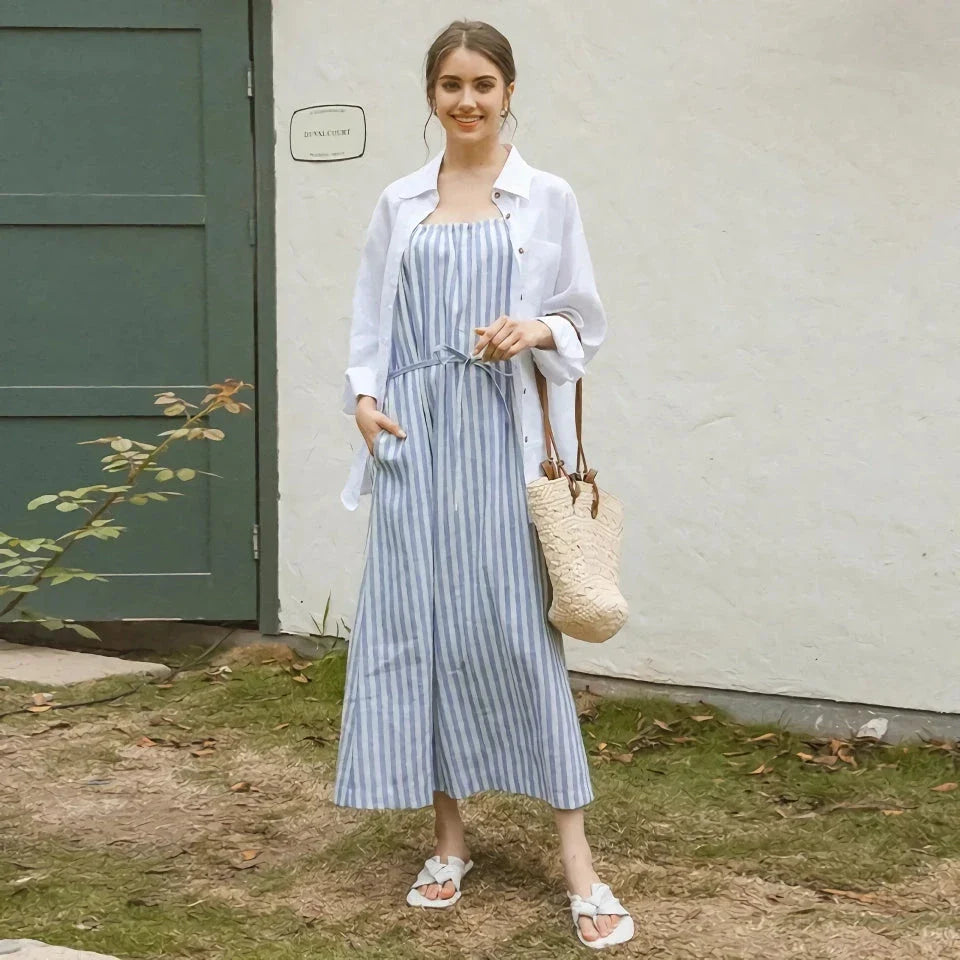 Chic striped cotton linen maxi dress with a flattering A-line silhouette and natural waistline