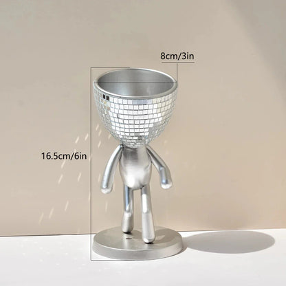 Elegant mirror disco walking man planter pot with sparkling mirror tiles and a unique walking man design