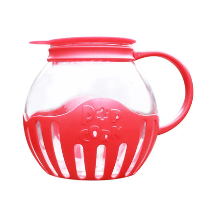 Microwave glass popcorn popper with red silicone lid, ready to make fresh, healthy popcorn