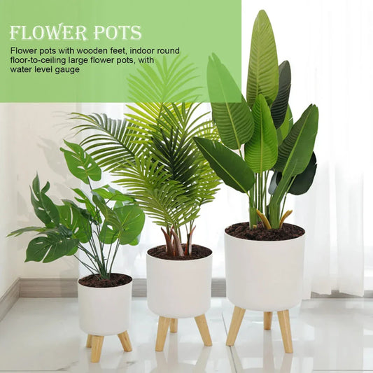 A modern self-watering planter with a wooden stand, designed to simplify indoor gardening and enhance any space with its chic and functional features.