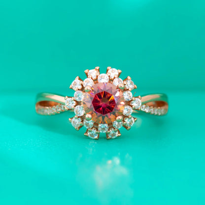 Elegant red moissanite flower ring for women with delicate design and sparkling accents