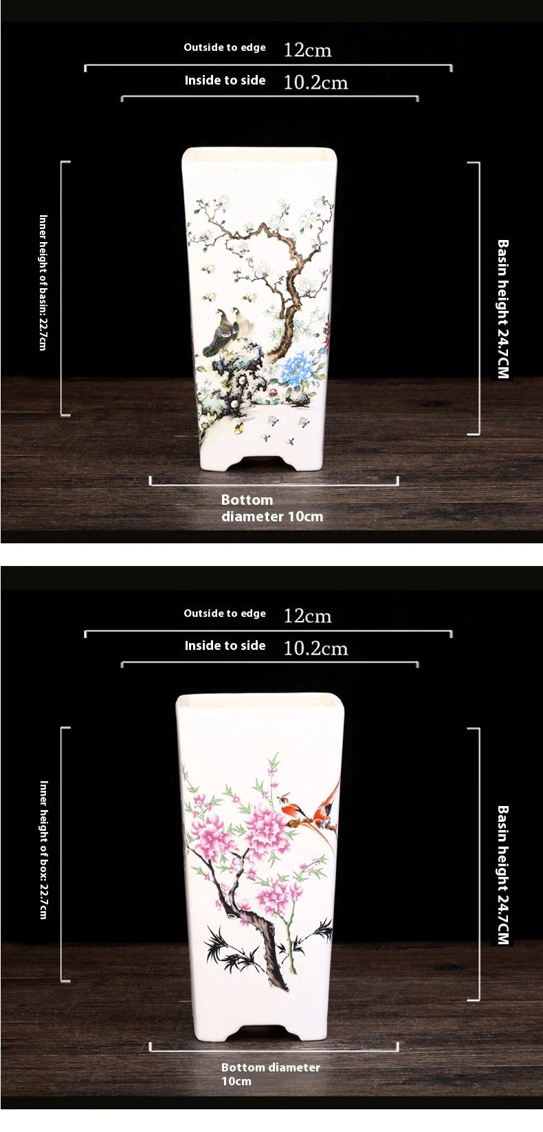 Elegant square ceramic planter in white with a Chinese-inspired design, suitable for indoor plants like asparagus fern and orchid.