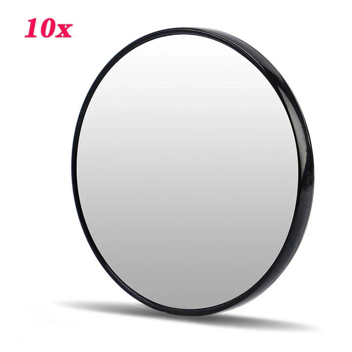 A high-definition magnifying mirror with a strong suction cup attachment for hands-free use in the bathroom or on the go.