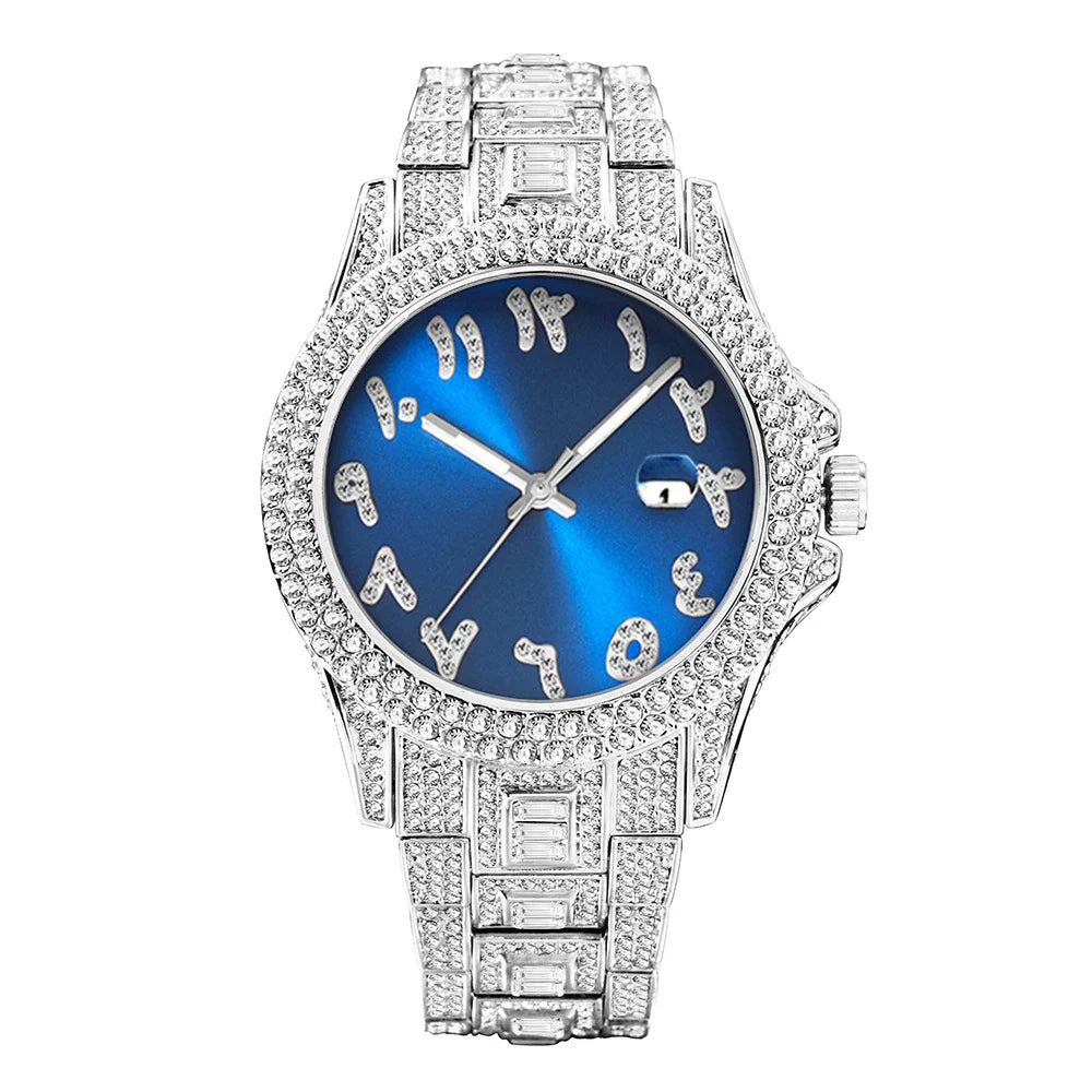 American-designed diamond-encrusted waterproof quartz watch with gold-plated stainless steel construction