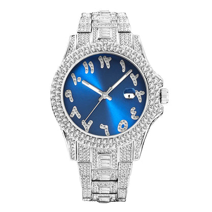 American-designed diamond-encrusted waterproof quartz watch with gold-plated stainless steel construction