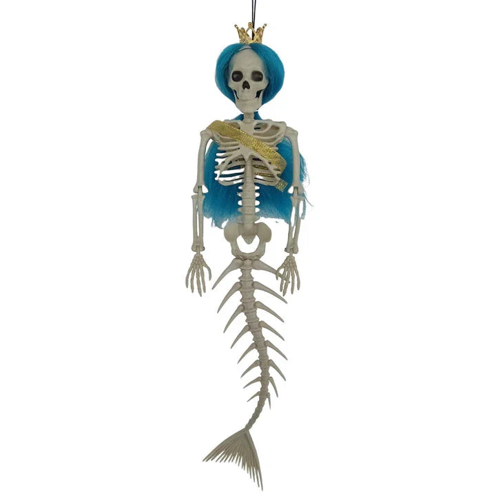 Mermaid bone pendant in various colors, including brown, dark purple, burgundy, and lake blue, hanging outdoors for Halloween decoration