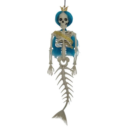 Mermaid bone pendant in various colors, including brown, dark purple, burgundy, and lake blue, hanging outdoors for Halloween decoration