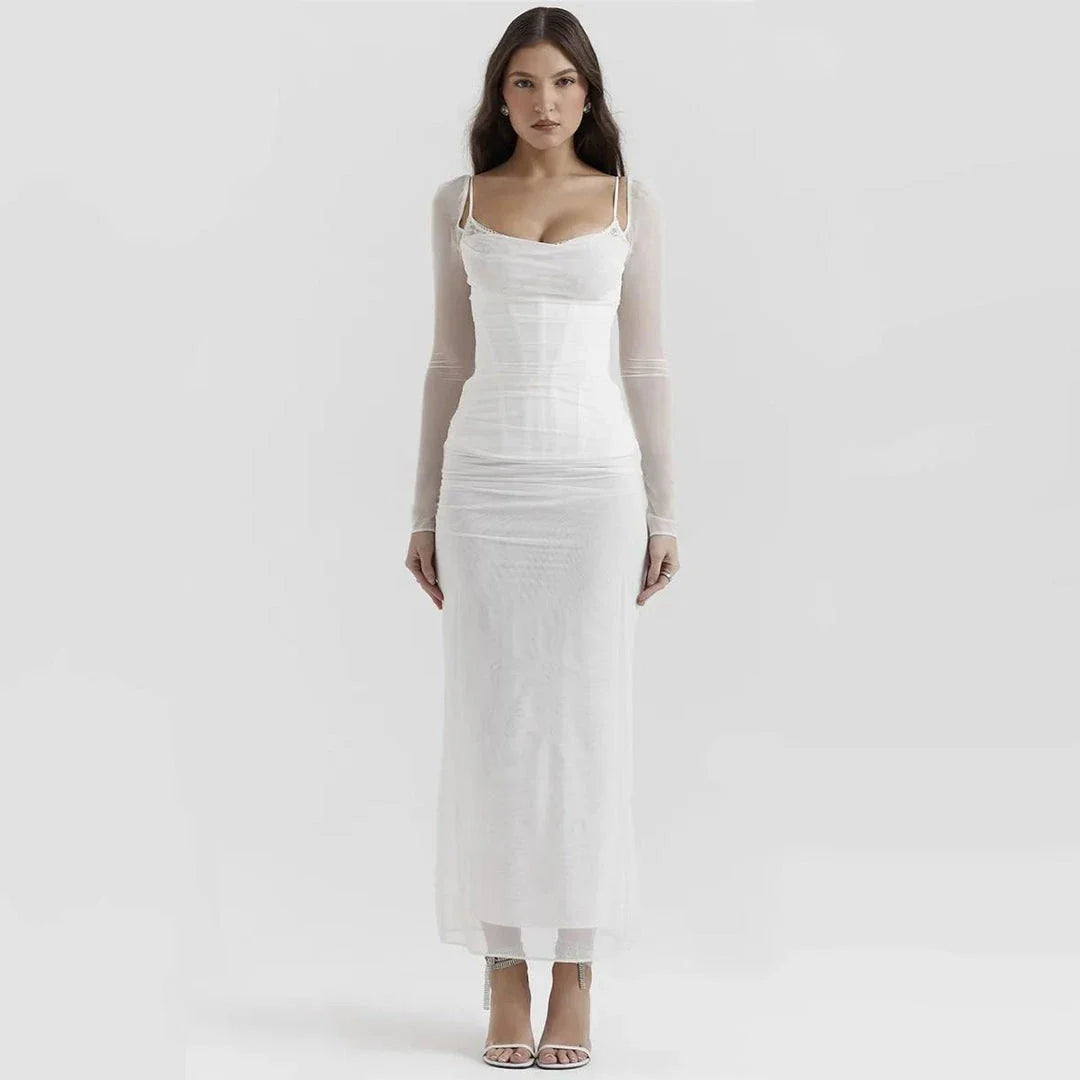 Elegant sheer long sleeve maxi dress with a backless design and H-profile silhouette for a sophisticated and alluring evening look.