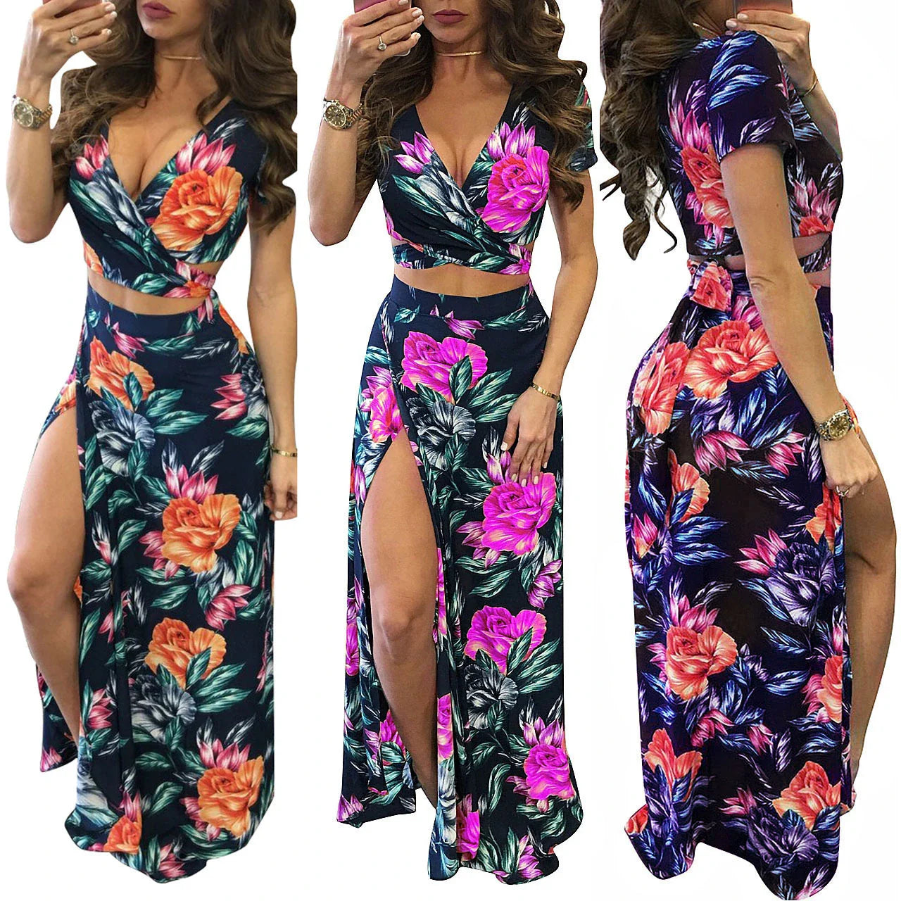 Elegant women's two-piece dress set featuring a floral print design in a variety of sizes