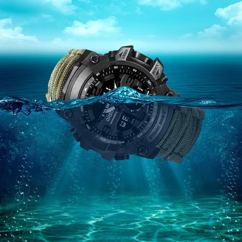 Outdoor survival watch with compass, parachute cord, and water-resistant design for rugged adventures