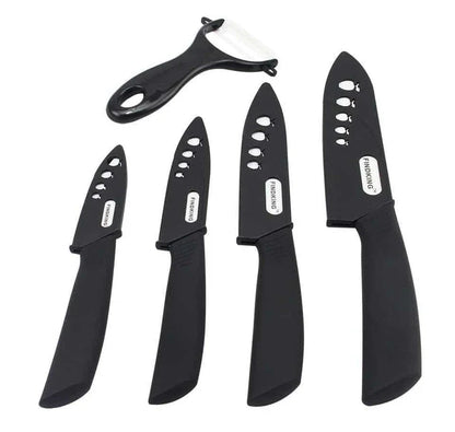 Vibrant ceramic knives in various colors, including red, blue, green, black, yellow, and orange, arranged on a white background.