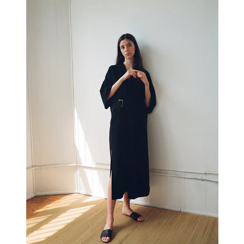 Elegant lace-accented mid-length dress in black, featuring a premium rabbit fur fabric and adjustable waist belt for a flattering silhouette.