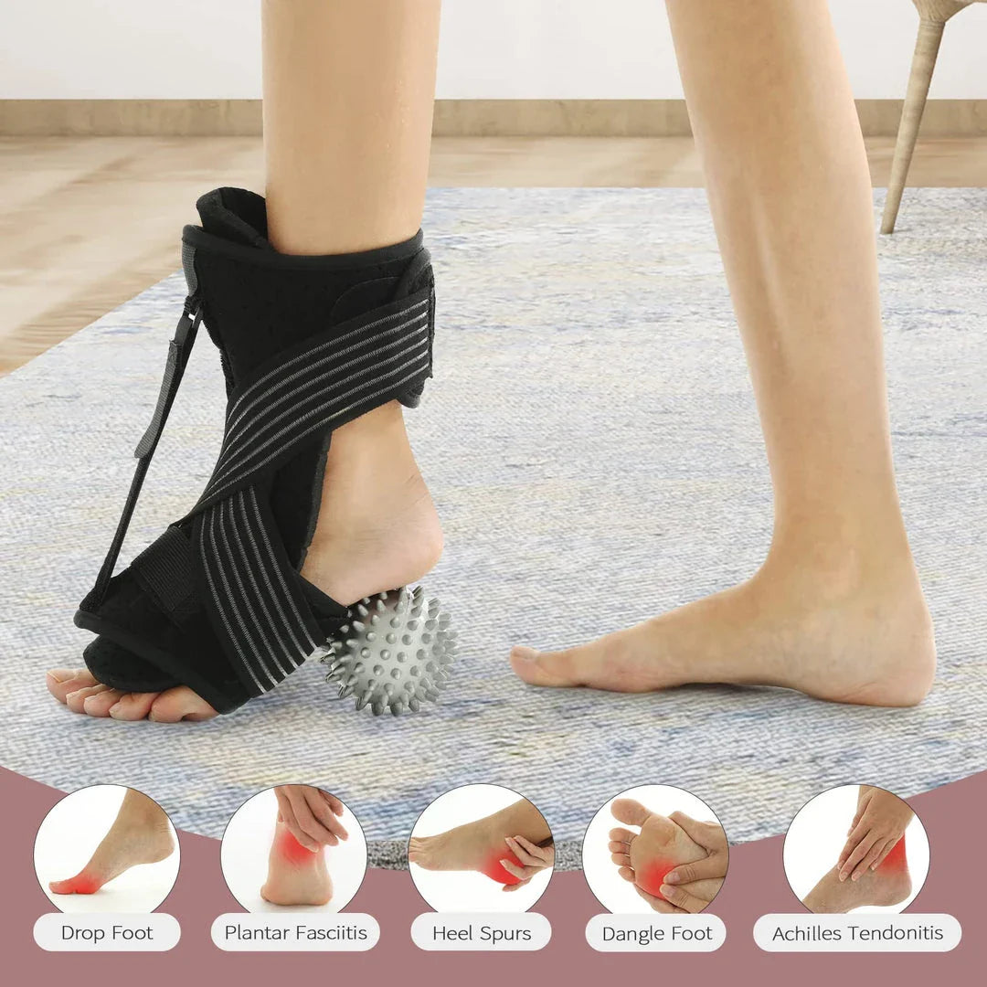 Adjustable night splint for treating plantar fasciitis, Achilles tendonitis, and foot drop with comfortable features and massage ball