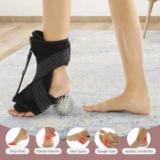 Adjustable night splint for treating plantar fasciitis, Achilles tendonitis, and foot drop with comfortable features and massage ball