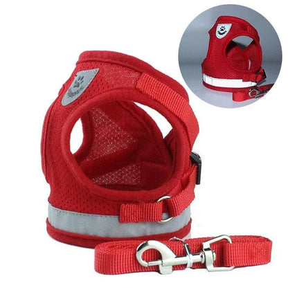 Adjustable reflective dog harness made of durable polyester material with reflective strips for enhanced visibility and safety during outdoor activities.