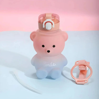 Gradient bear-themed water bottle with straw for refreshing and stylish hydration on the go