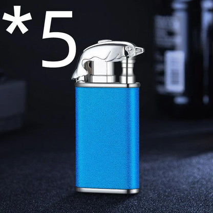 Multipurpose windproof lighter with a dragon or dolphin design, featuring a dual-flame and wind-resistant construction for versatile use.