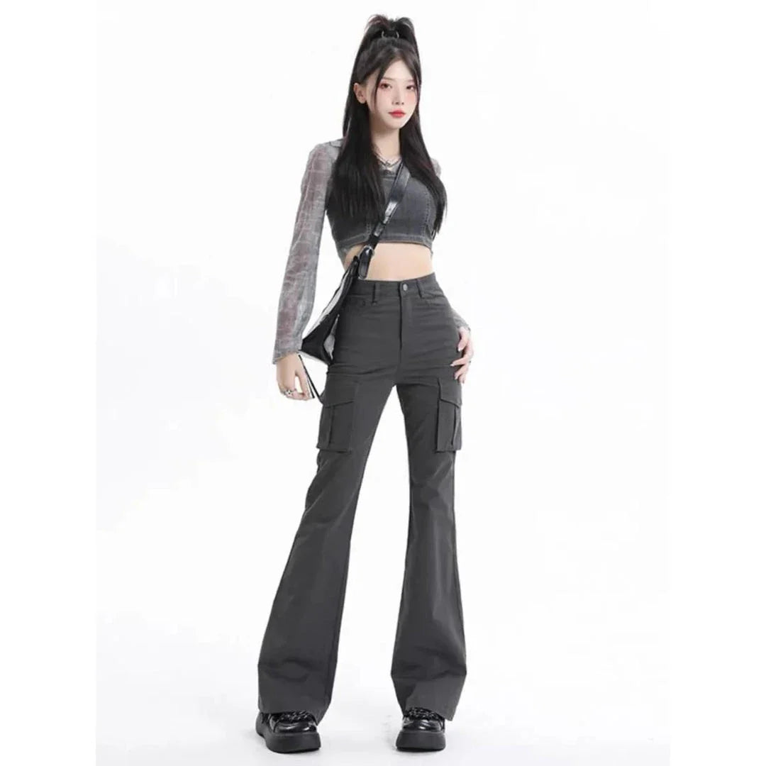 Stylish high-waist slim cargo jeans for modern American women, featuring a sleek silhouette and practical design