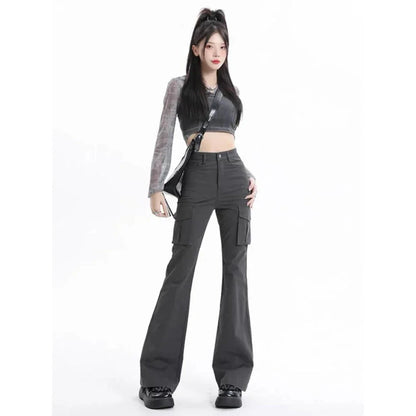 Stylish high-waist slim cargo jeans for modern American women, featuring a sleek silhouette and practical design
