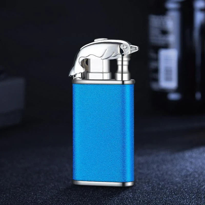 Multipurpose windproof lighter with a dragon or dolphin design, featuring a dual-flame and wind-resistant construction for versatile use.