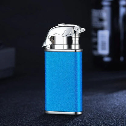 Multipurpose windproof lighter with a dragon or dolphin design, featuring a dual-flame and wind-resistant construction for versatile use.