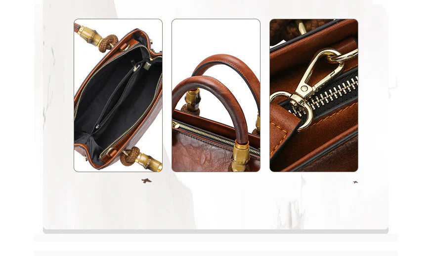 Bamboo shoulder bag with a roomy interior, multiple pockets, and a retro-inspired design for everyday use