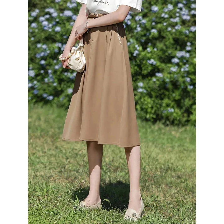 Elegant French-inspired high-waist embroidered A-line skirt in khaki color