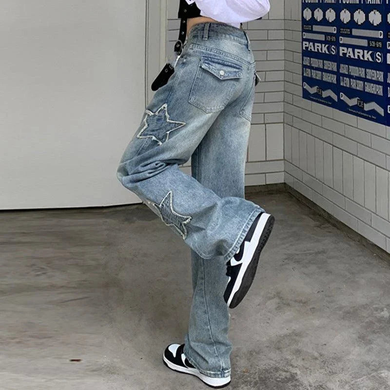 Premium embroidered high-rise straight leg denim jeans in a classic blue color