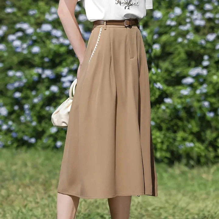 Elegant French-inspired high-waist embroidered A-line skirt in khaki color