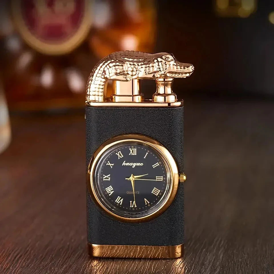 Premium dual-flame metal lighter with a distinctive crocodile head design, providing both style and functionality for outdoor and indoor use.