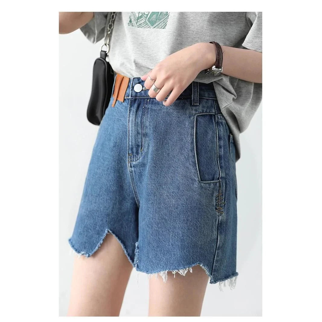 Women's Retro Blue High-Waisted Denim Shorts with Irregularly Cut Design and Cuff Details