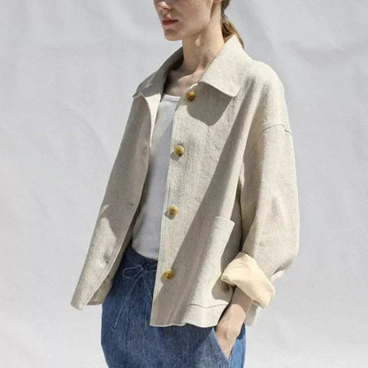 Elegant and comfortable cotton-linen autumn jacket for women with classic lapel collar and versatile design