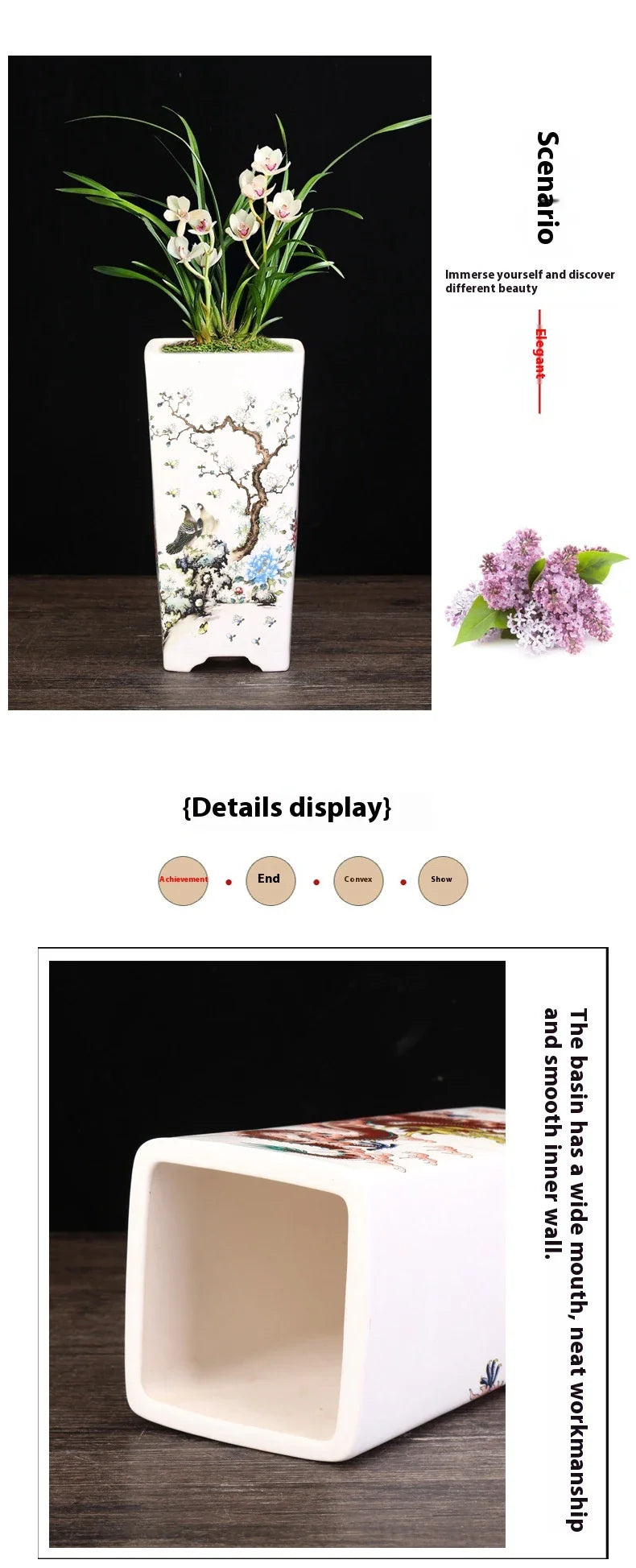 Elegant square ceramic planter in white with a Chinese-inspired design, suitable for indoor plants like asparagus fern and orchid.