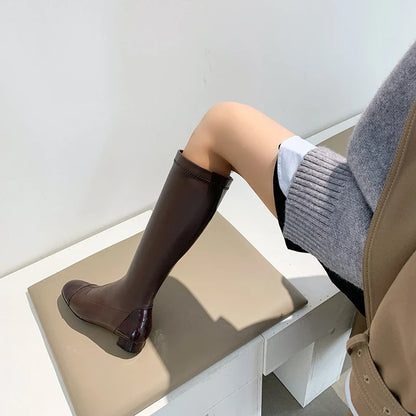Colorblock low heel casual boots with square toe design, available in multiple color options