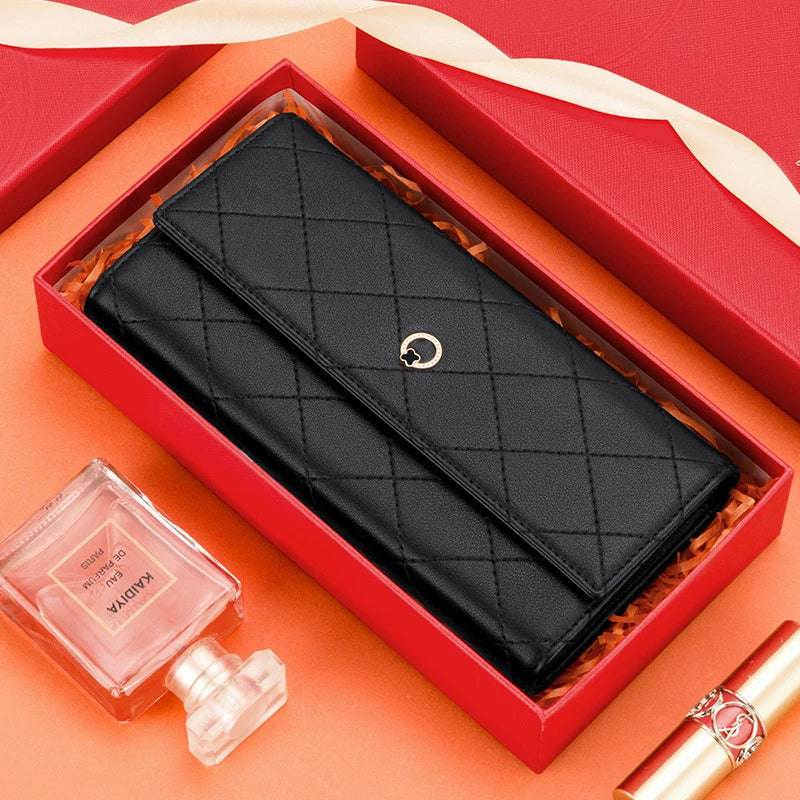 Premium cowhide long wallet with multi-card pockets, zipper compartment, and European-inspired design