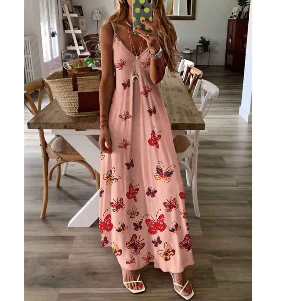 Stylish butterfly print high-waist dress with flowy, swing-style skirt and lightweight, breathable polyester fabric