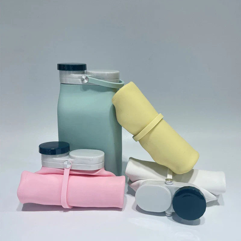 Foldable silicone drinking cup in various colors, designed for on-the-go hydration and outdoor adventures.
