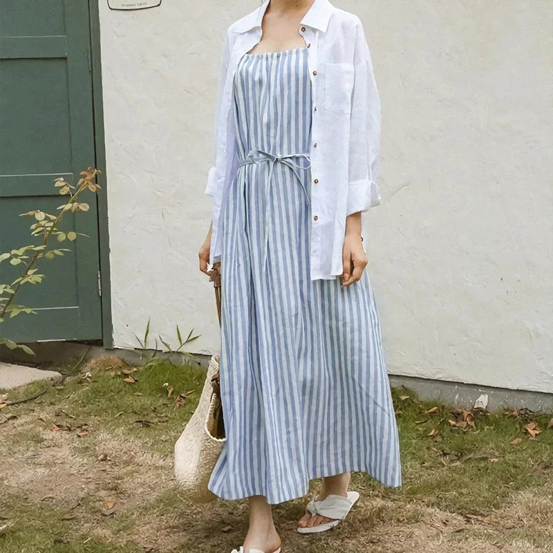 Hhomeenjoy Elegant & Comfortable Striped Cotton Linen Maxi Dress