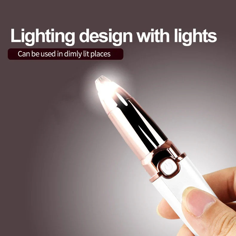 2-in-1 cordless lipstick-style eyebrow trimmer and face shaver in white color, with charging cable and cleaning brush