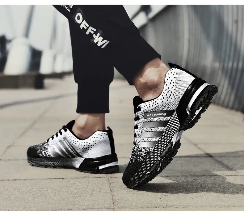 Lightweight and breathable men's running shoes with a mesh upper design for optimal airflow and a durable rubber sole for support and flexibility.