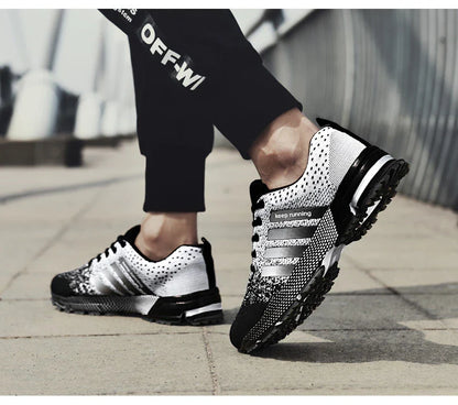 Lightweight and breathable men's running shoes with a mesh upper design for optimal airflow and a durable rubber sole for support and flexibility.