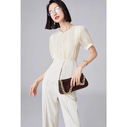 Elegant long sleeve top and wide leg pants set in solid color for stylish autumn wear
