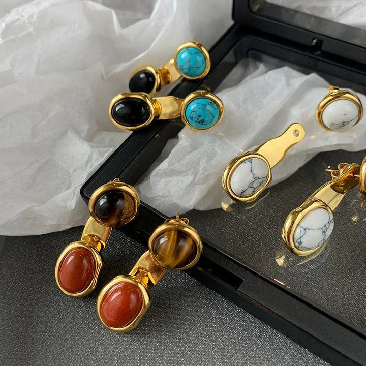 Chic marble-colored tiger eye retro earrings with geometric patterns and a removable upper round design