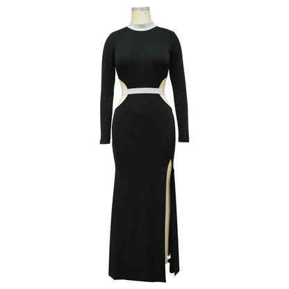 Stylish and flattering waist-accentuating split dress in solid colors, made from premium polyester fabric for comfort and versatility.