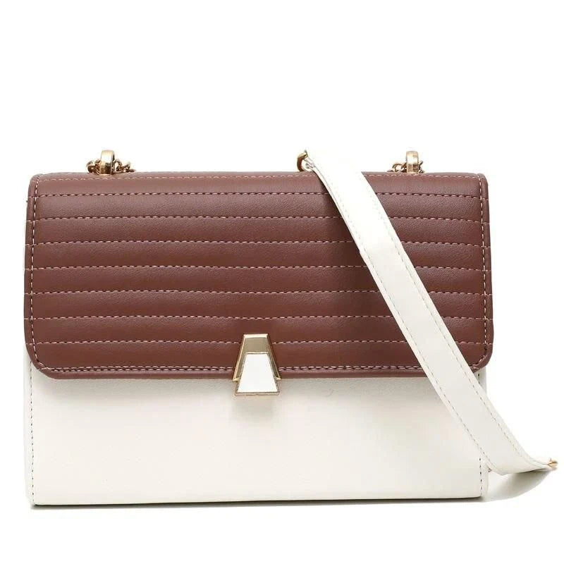 Color Block Quilted Vegan Leather Fashion Shoulder Bag in Orange with Decorative Lock and Chain Detail